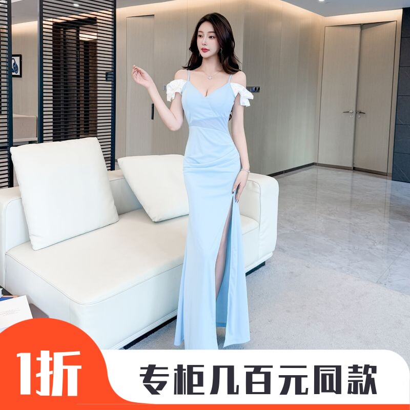 性感连衣裙女新款夜总店纯欲风V领露肩长裙修身显瘦高开叉包臀裙