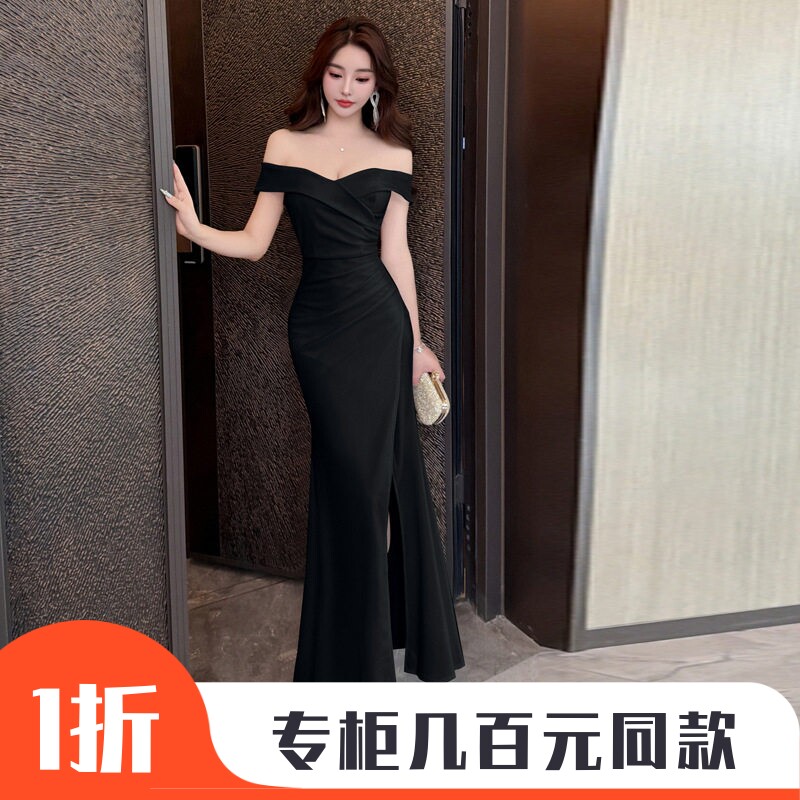 红色晚礼服法式名媛一字肩修身显瘦包臀开衩鱼尾裙年会主持人长裙