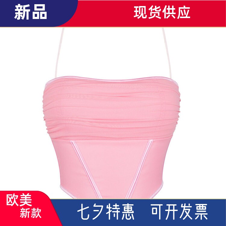 欧美鱼骨马甲新款式粉色小吊带抹胸塑身上衣网红主播同款夏季短款