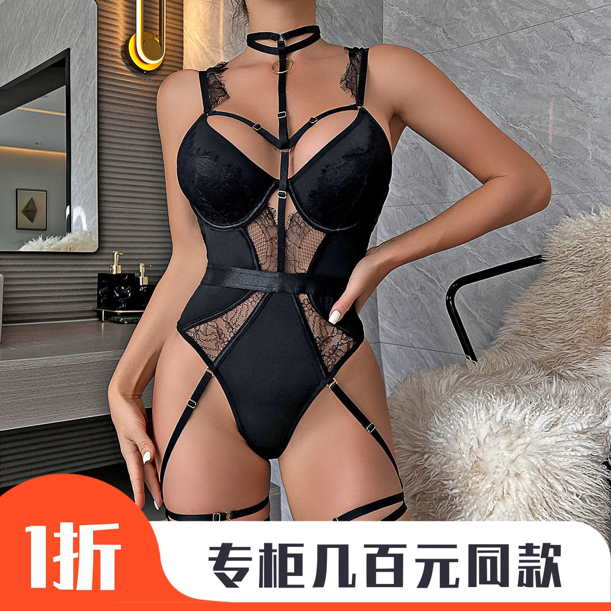 衣内新款蕾丝性感低胸连体衣纯欲露肩挂脖镂空吊带女3336