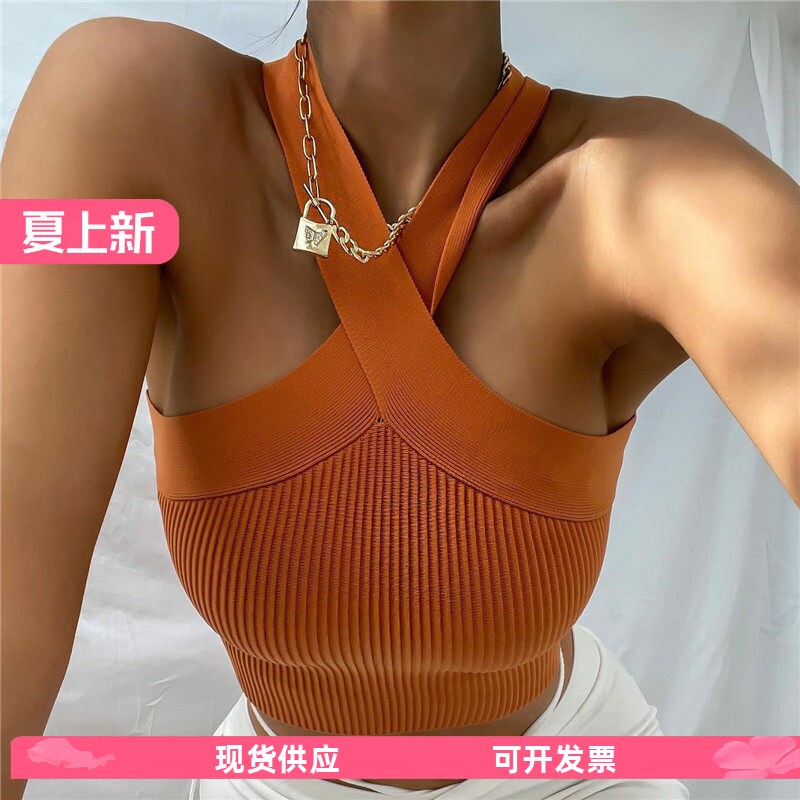 欧美时尚经典女装露肩交叉挂脖弹力针织线衣百搭露腰短款无袖背心