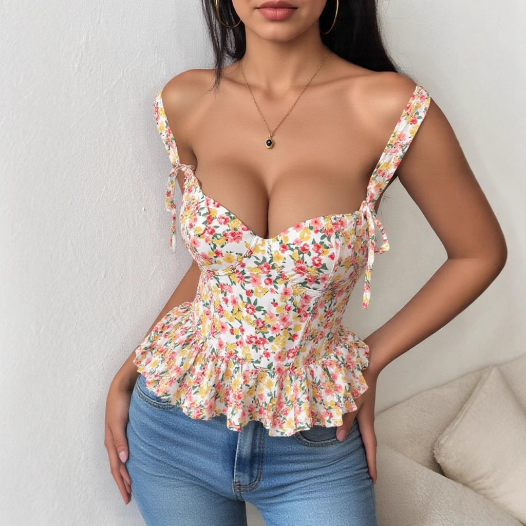 收腰荷叶边胸棉吊带小背心ins碎花春夏系带可调节鱼骨胸衣女,女装/女士精品,抹胸,淘宝优惠券,粉丝福利购,淘宝优惠卷