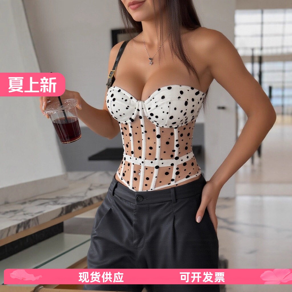 欧美风跨境春夏波点粉色纯欲鱼骨塑腰裹胸背心辣妹性感女装