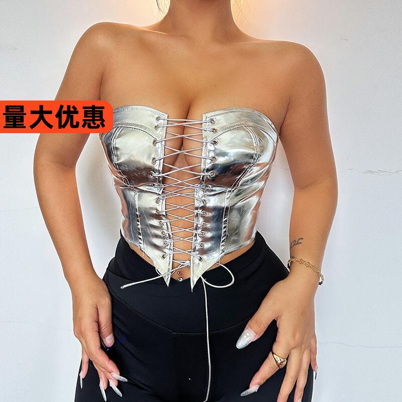 欧美金属感亮面裹胸潮人性感系带爆款辣妹上衣束腰开衫显瘦小背心