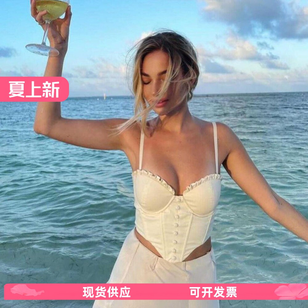 网红主播直播间印花吊带鱼骨束身花边短背心外贸欧美时尚露脐上衣