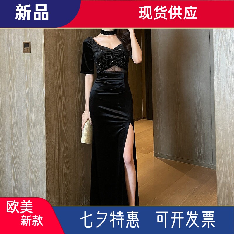 黑色v领丝绒修身晚礼服名媛宴会长款拼接蕾丝开衩长裙礼服