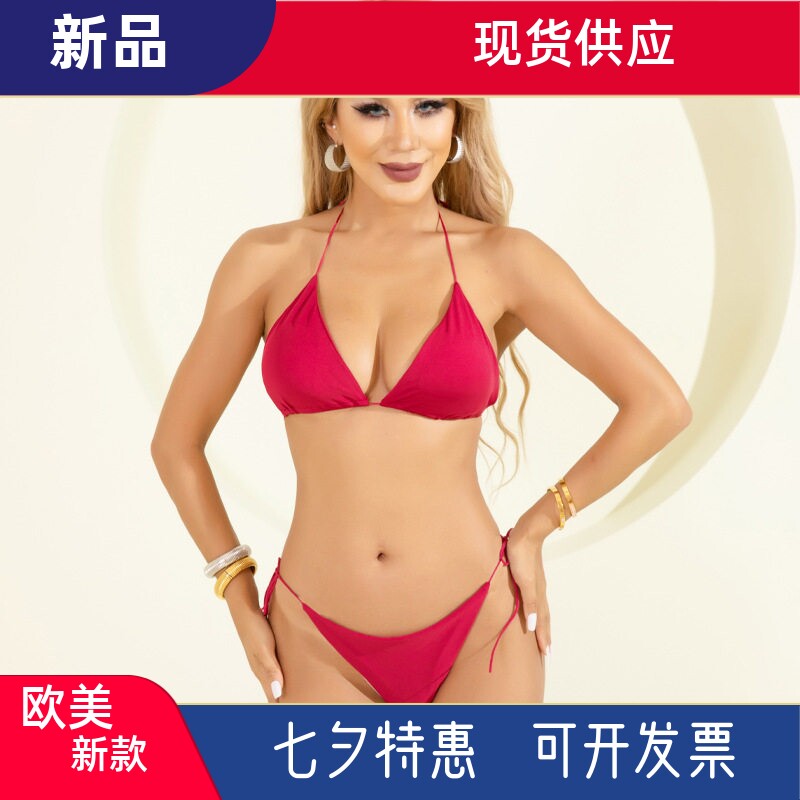 亚马逊欧美新款性感透视弹力带泳衣三点文胸套装沙滩分体比基尼