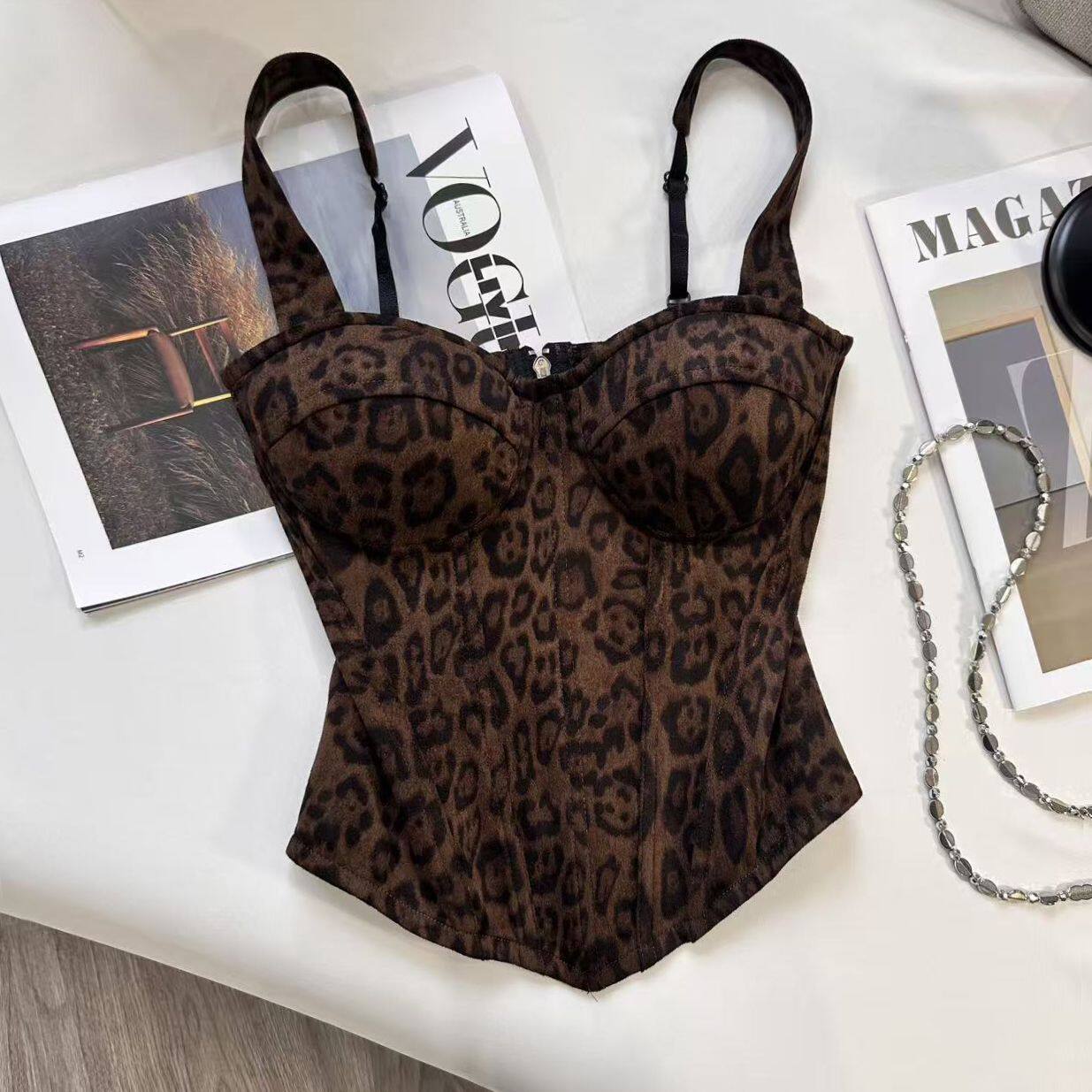 复古经典野生豹纹鱼骨胸衣外穿束腰修身美背内搭抹胸上衣小众外穿