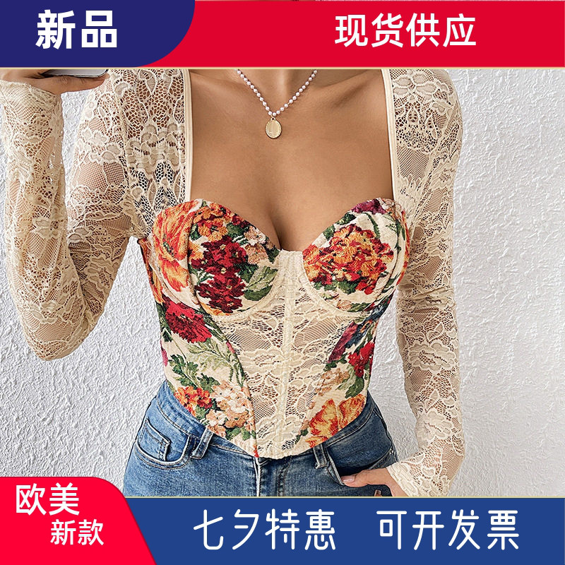 鱼骨跨境欧美法式复古新款方领辣妹上衣印花蕾丝拼接长袖性感内搭