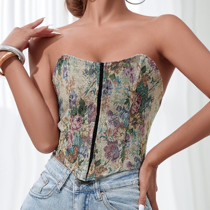 跨境女装提花裹胸鱼骨排扣欧美风小背心上衣紧身彩绘花卉时尚性感