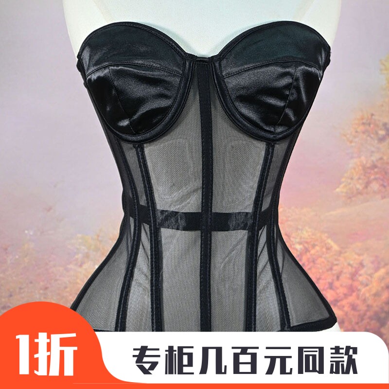 网红同款欧美辣妹黑色网纱鱼骨裹胸紧身束腰胸衣2026新款抹胸背心
