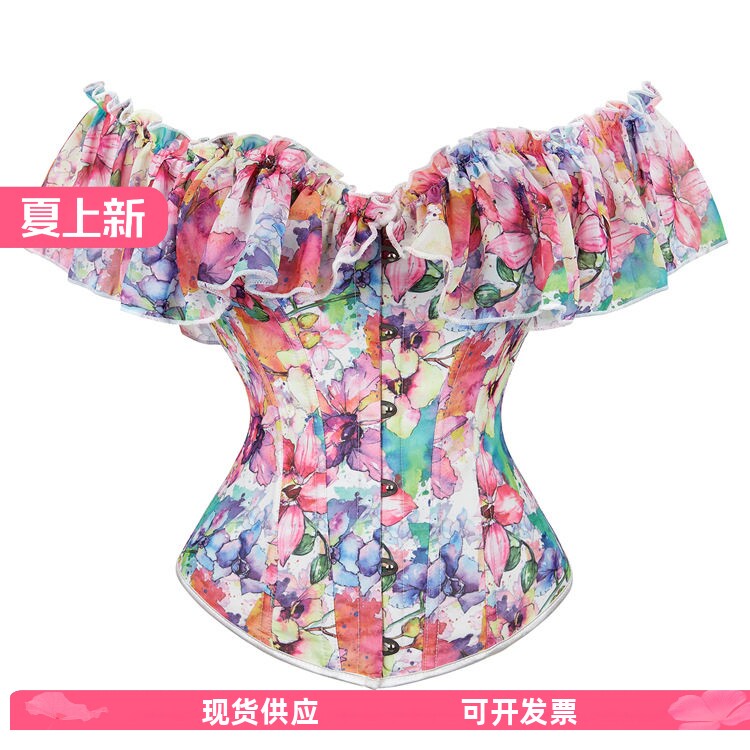 荷叶袖性感塑身衣 黑色束腰马甲抹胸束身礼服宫廷corset美体腰封
