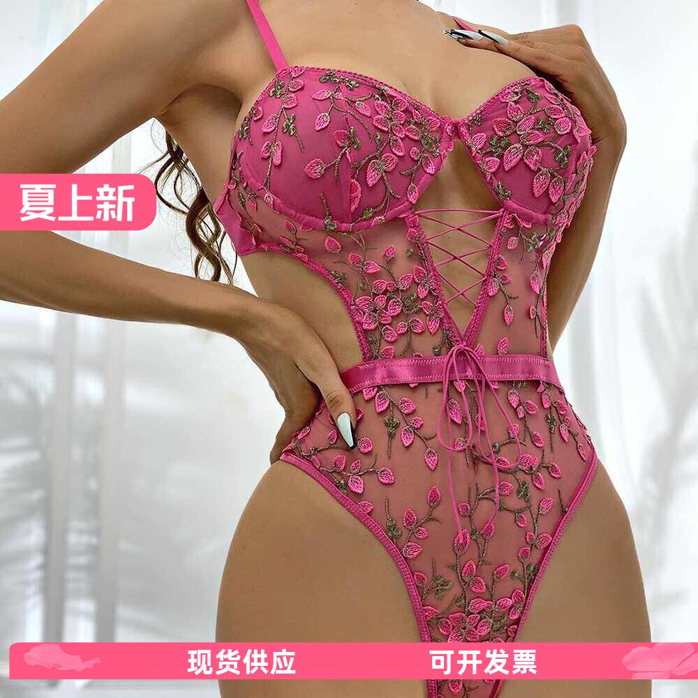 镂空透视蕾丝性连体衣显胸