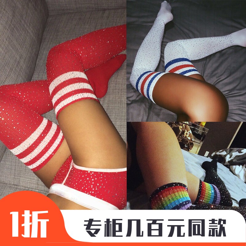 欧美酒吧性感烫钻过膝袜条纹女带钻袜闪钻过膝长筒袜烫钻高筒棉袜