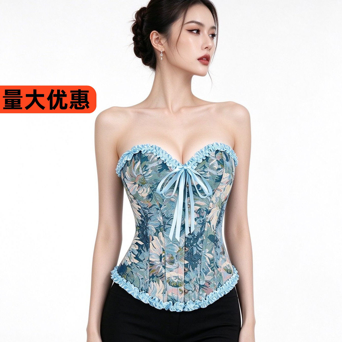 宫廷新款蓝色有花边美体束腰托胸女士宫廷塑身衣亚马鱼骨束胸衣