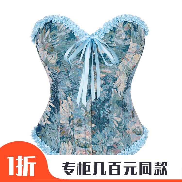 宫廷新款蓝色有花边美体束腰托胸女士宫廷塑身衣亚马鱼骨束胸衣