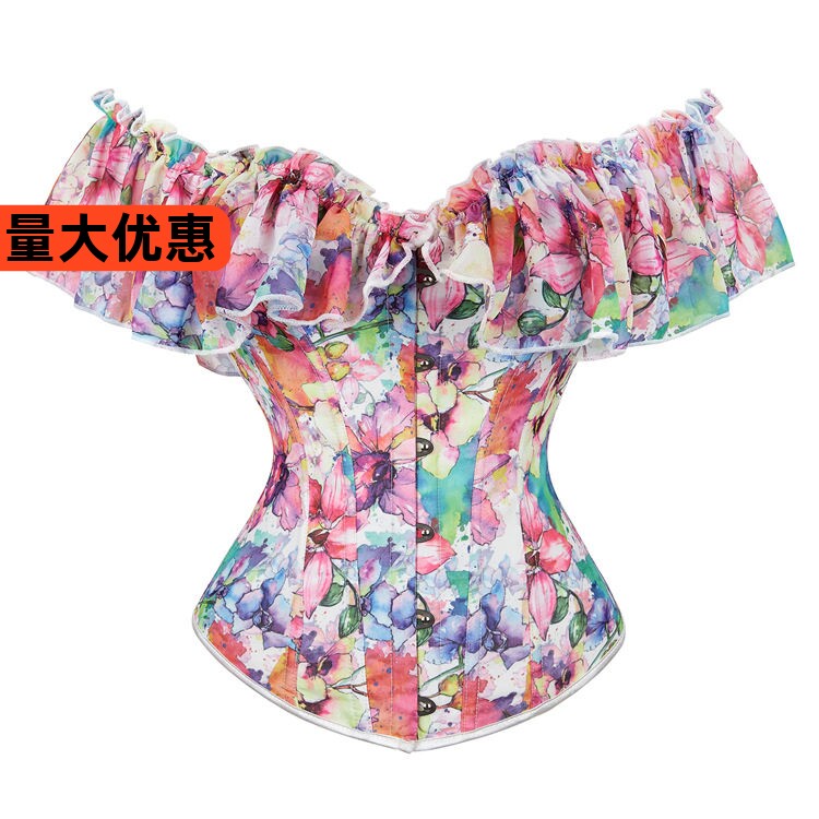 荷叶袖性感塑身衣 花色束腰马甲抹胸束身礼服宫廷corset美体腰封