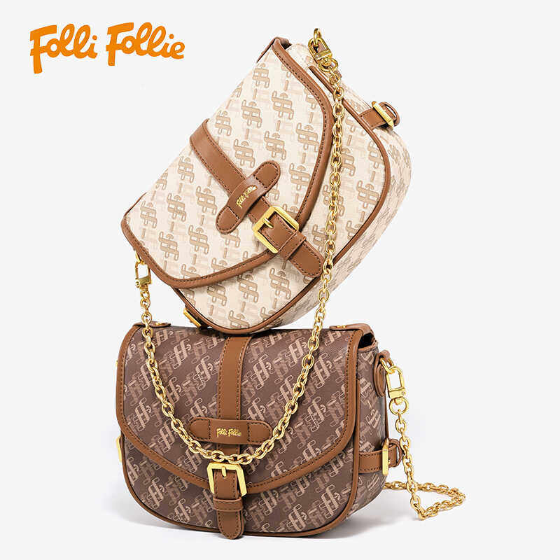 follifollie新款女士经典马鞍包轻奢时尚复古牛皮包明星同款小众