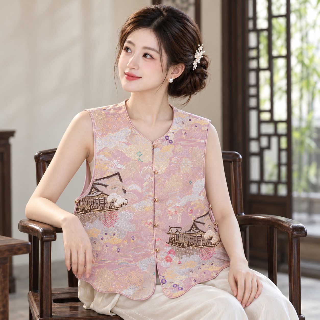 新中式印花马甲女秋季