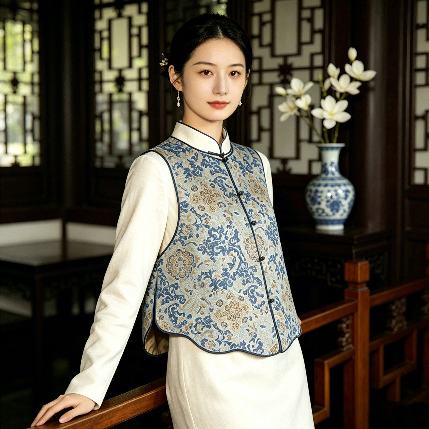 千渝2026春秋新款新中式提花织锦天丝马甲女气质侧开叉双面穿国风