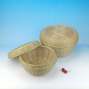 竹编带盖收纳筐馒头面包馍水果篮家用粮食干果竹篮有盖圆簸箕编织