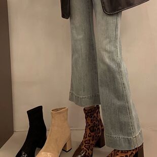 法式豹纹尖头粗跟瘦瘦靴女高跟2025秋冬新款套筒拼接短靴女