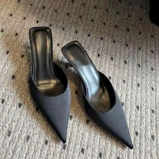 黑色绸缎高跟鞋 女尖头后空凉拖鞋 半拖穆勒鞋 包头小单鞋