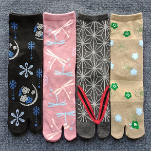 满19元 简约提花女士中高筒二趾两指分夹角棉袜子足袋木屐长 邮