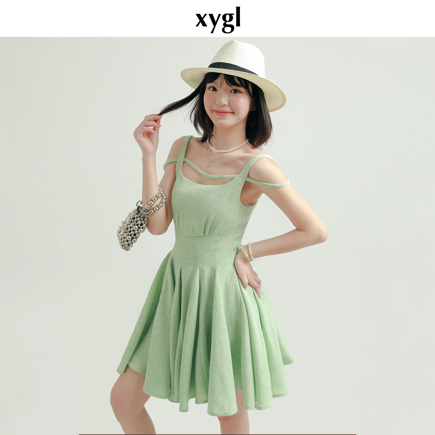 稀有概率 青柠气泡 原创设计绿色a字蓬蓬短裙女夏收腰吊带连衣裙