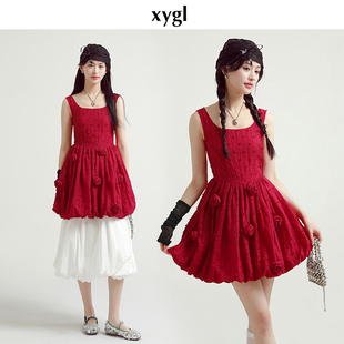 稀有概率 荆棘玫瑰原创设计无袖a字背心裙短款红色花苞收腰连衣裙