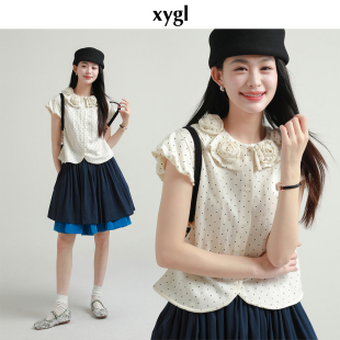 女夏宽松飞飞袖 稀有概率 衬衫 原创设计波点白色短袖 上衣 旖旎玫瑰