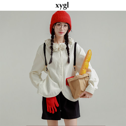 稀有概率手作艺术玫瑰花白色衬衫