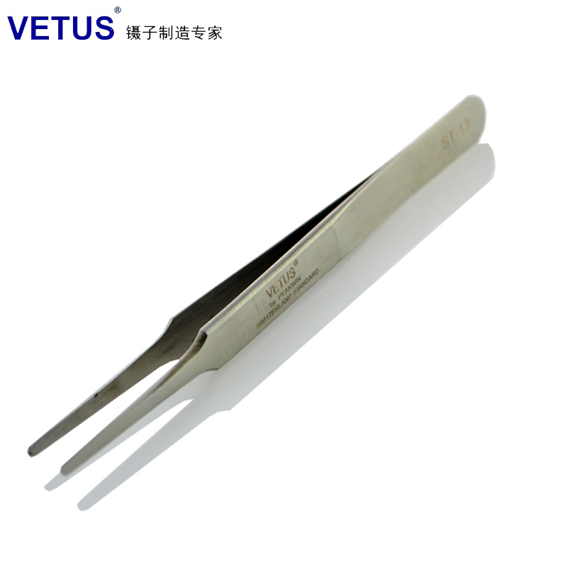 VETUS镊子旗舰店 高弹性精细高精密不锈钢扁头镊子 ST-13精装