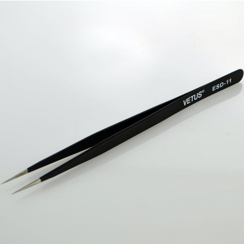 VETUS镊子 高弹性精细不锈钢尖头镊子夹持工具镊子 ESD-11