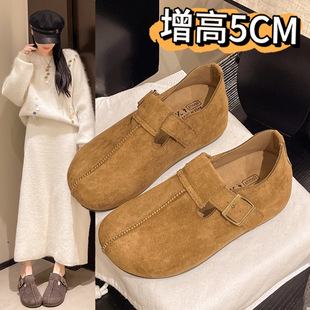 厚底豆豆鞋 全包勃肯鞋 34碼 內增高一腳蹬復古樂福鞋 女2025秋季 新款