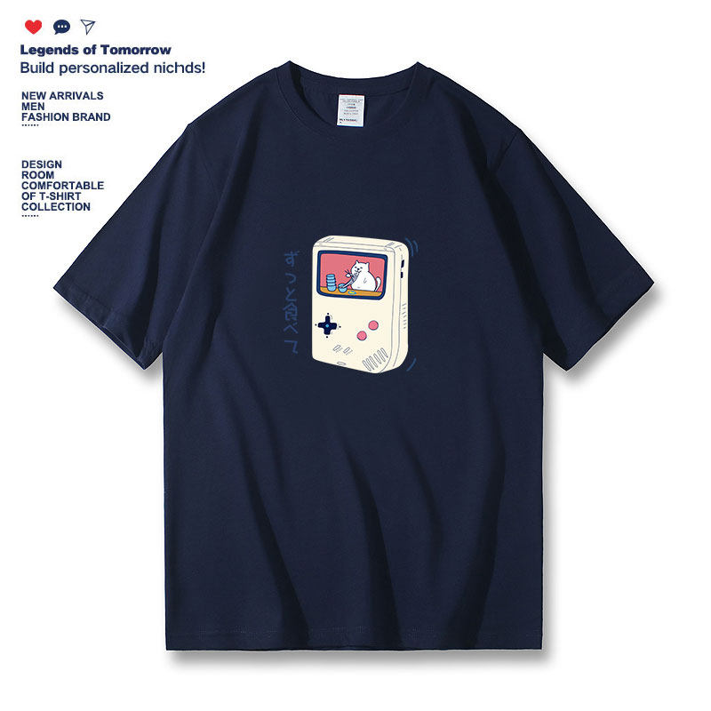 夏季趣味卡通游戏机猫印花短袖纯棉宽松休闲大码潮流百搭体恤衫