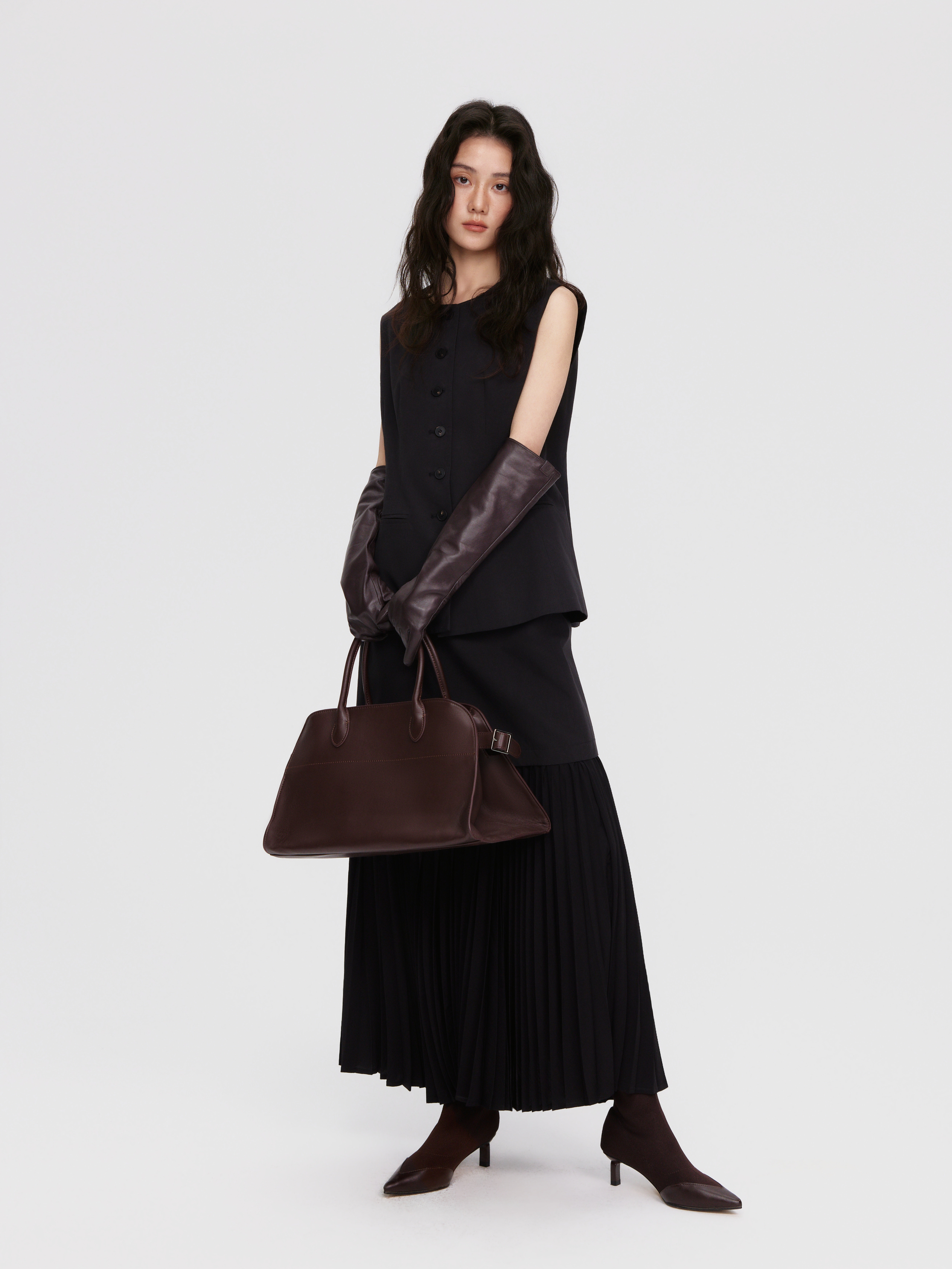 26春夏极简天丝棉麻黑色马甲半身裙半身裙套装