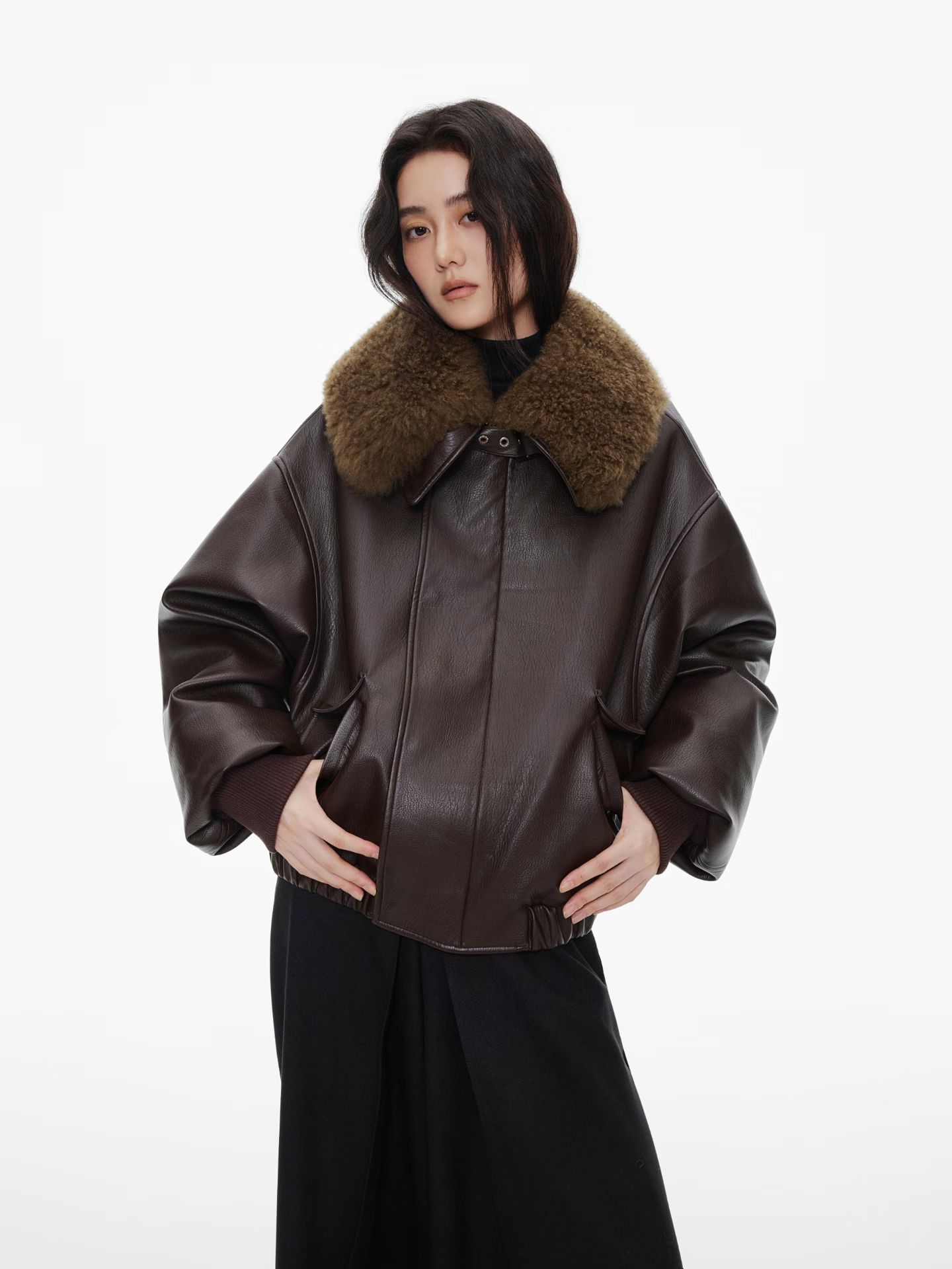 咖羊羔毛领派克服夹克羽绒服外套