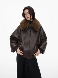 25秋冬 咖色羊羔毛领派克服夹克pu皮羽绒服外套