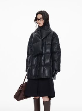25秋冬/时尚极简围巾款pu蛋白皮黑色羽绒服宽松保暖外套