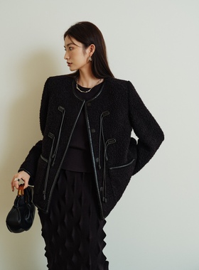 25秋冬女装新中式流苏黑色羊羔毛外套