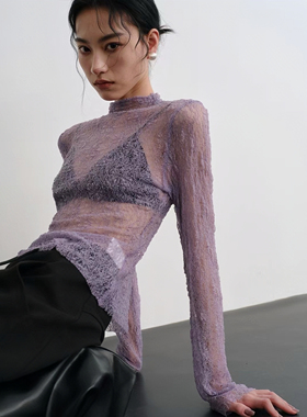 时尚法式紫色蕾丝网纱内搭轻薄镂空修身弹力上衣显瘦高级感打底衫