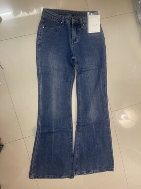 时尚简约蓝色中低腰牛仔喇叭裤加长款拖地裤