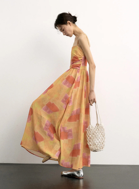橙色收腰吊带裙度假风晕染连衣裙311611