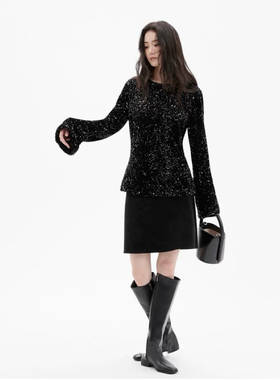 25秋冬/时尚设计感宽松喇叭袖黑色亮片上衣女