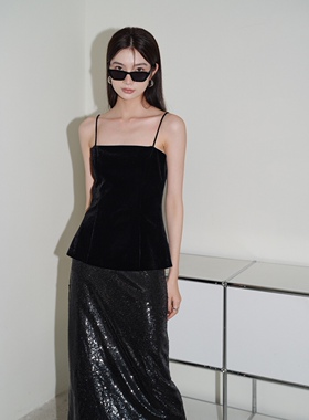 26SS时尚黑色收腰丝绒吊带抹胸上衣女