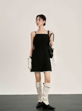 25F秋/时髦撞色拼接吊带裙黑色连衣裙404403