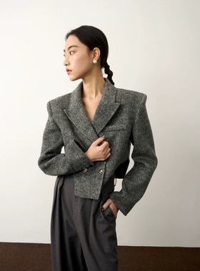 25秋冬灰色双面尼羊毛西装短款外套女法式复古