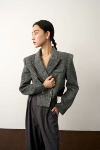 25秋冬灰色双面尼羊毛西装短款外套女法式复古