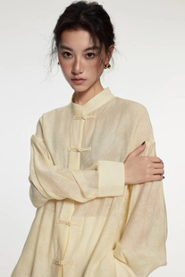 新中式鹅黄色盘扣立领衬衫薄透国风慵懒风长袖衬衣